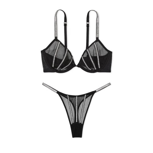 Комплект Білизни Victoria’s Secret Sheer Shine Low-Cut Demi Bra Thong Panty Black
