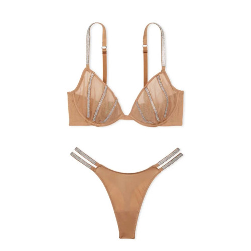 Комплект Білизни Victoria’s Secret Sheer Shine Low-Cut Demi Bra V-String Panty Beige