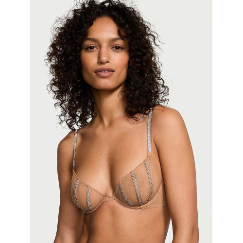 Комплект Білизни Victoria’s Secret Sheer Shine Low-Cut Demi Bra V-String Panty Beige