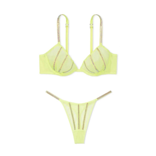 Комплект Білизни Victoria’s Secret Sheer Shine Low-Cut Demi Bra Thong Panty Lime