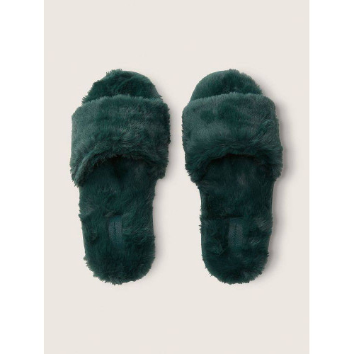 Тапочки Victoria’s Secret PINK Faux Fur Slippers Satin Green