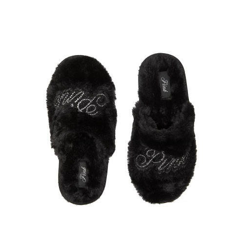 Тапочки Victoria’s Secret PINK Faux-Fur Closed-Toe Slippers Bling Logo Black Тапочки Victoria’s Secret PINK Faux-Fur Closed-Toe Slippers Bling Logo Black