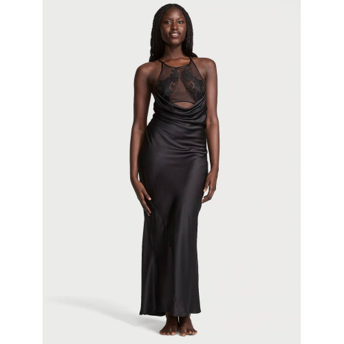 Пеньюар Victoria’s Secret Black Sheer Rose Satin High Neck Long Slip Dress
