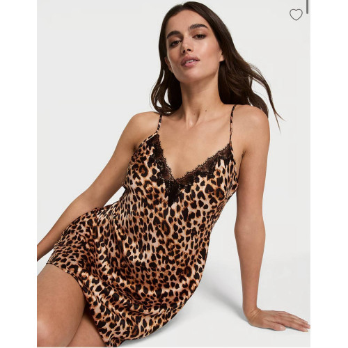 Пеньюар Victoria’s Secret Leopard Brown Satin Lace Trim Slip Dress