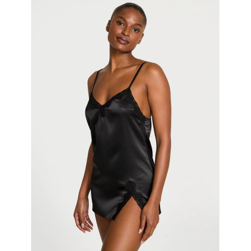 Сатиновий Пеньюар Tease Satin Lace-Trim Mini Slip Dress Angel Black