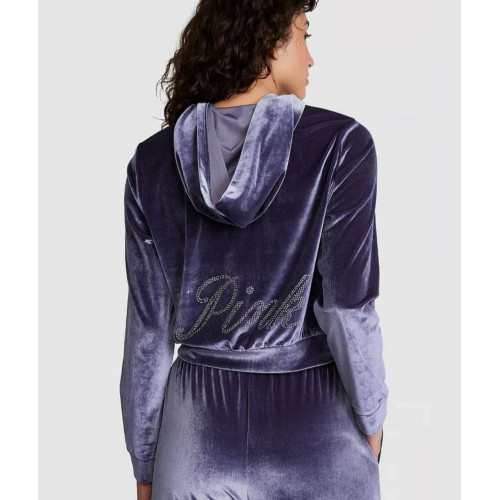 Велюровий Спортивний Костюм Victoria’s Secret PINK Velour Shine Logo Full-Zip Crop Hoodie Wide-Leg Midnight Navy