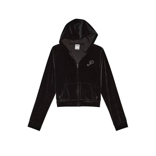 Велюровий Спортивний Костюм Victoria’s Secret PINK Velour Shine Logo Full-Zip Crop Hoodie Wide-Leg Black