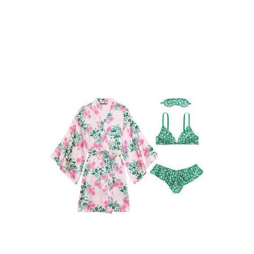 Піжамний Комплект з Шовку Victoria's Secret 4 в 1 4-piece Silk Gift Set Green White Stripe 