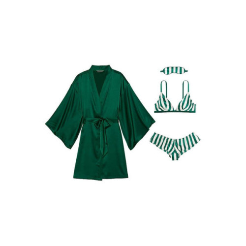 Піжамний Комплект з Шовку Victoria's Secret 4 в 1 4-piece Silk Gift Set Green White Stripe 