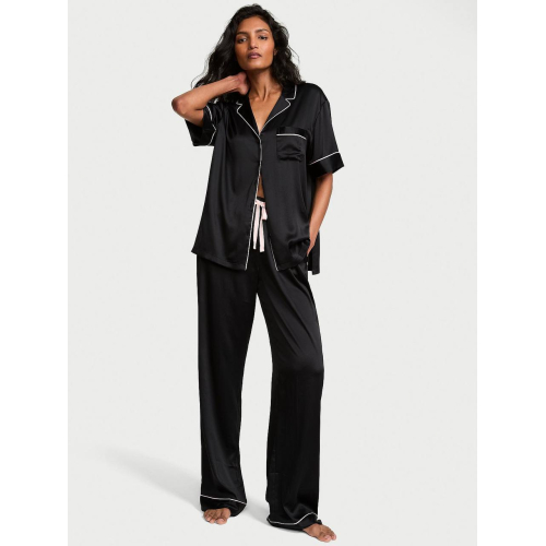 Піжама Victoria’s Secret Signature Satin Short-Sleeve Long Pajama Set Black