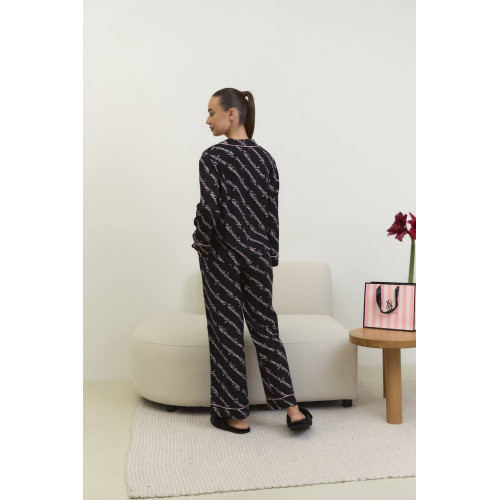 Піжама Victoria’s Secret Flannel Pajama Set Black Ribbon Script