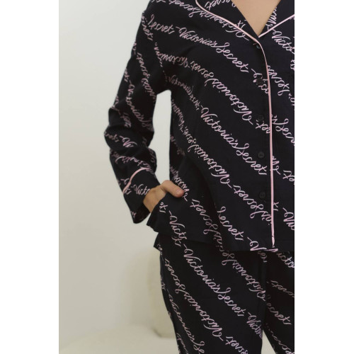Піжама Victoria’s Secret Flannel Pajama Set Black Ribbon Script