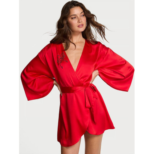 Сатиновий Халат Victoria’s Secret Satin Sparkle Bow Short Robe Red