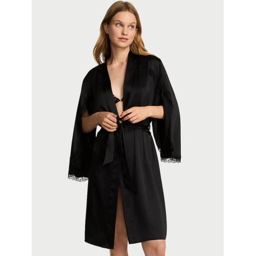 Халат Victoria’s Secret VERY SEXY Satin Rose Lace-Trim Midi Robe Black