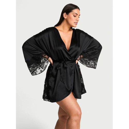 Сатиновий халат з мереживом Victoria’s Secret Satin & Lace Trim Robe Black